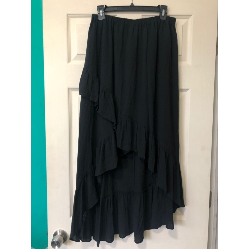 Long black boho ruffle gauze linen maxi skirt